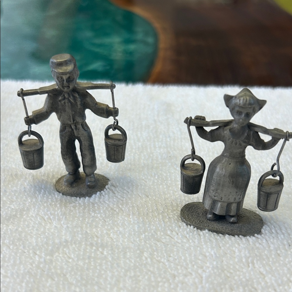 Pewter miniature Dutch girl w/water buckets, KS 28, Vintage Artil Pewter Boy, 2”